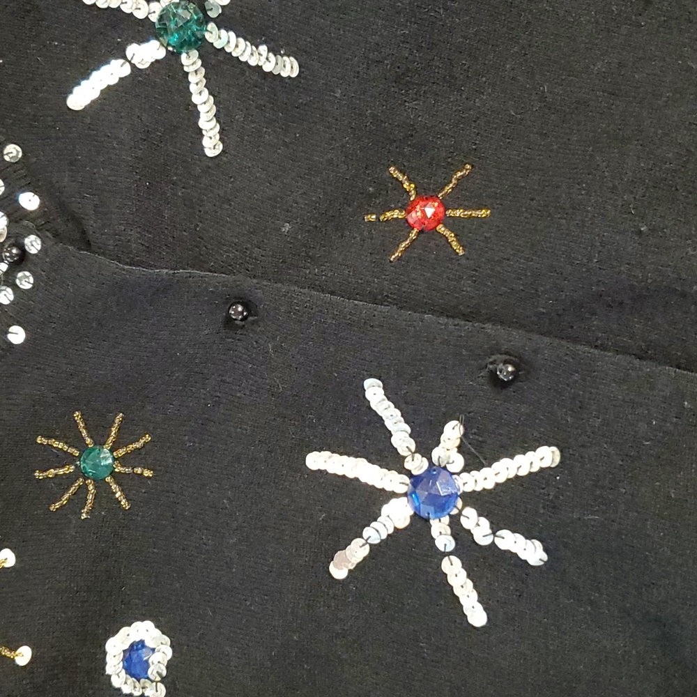 VINTAGE Black long sleeve lined cardigan bead rhinestone embellished Medium EUC - Picture 2 of 10